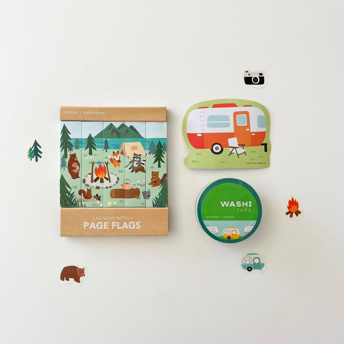 Washi tape rolls and page flags with colorful camper and forest designs