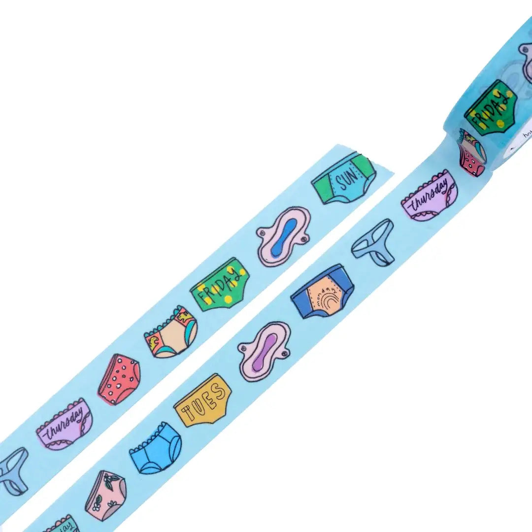 Underoos washi tape strip with fashion icons on pastel blue