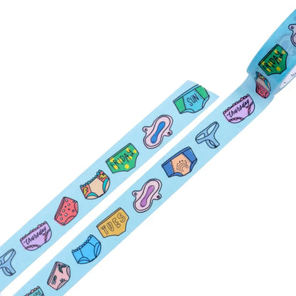 Underoos washi tape strip with fashion icons on pastel blue