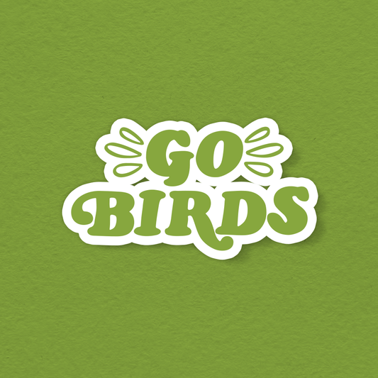 Green GO BIRDS vinyl sticker with winged letters and white border