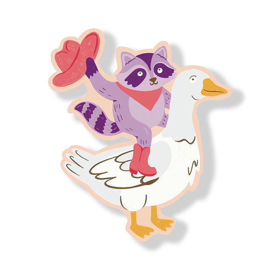 Colorful vinyl sticker of a raccoon sitting on a goose with a red heart.