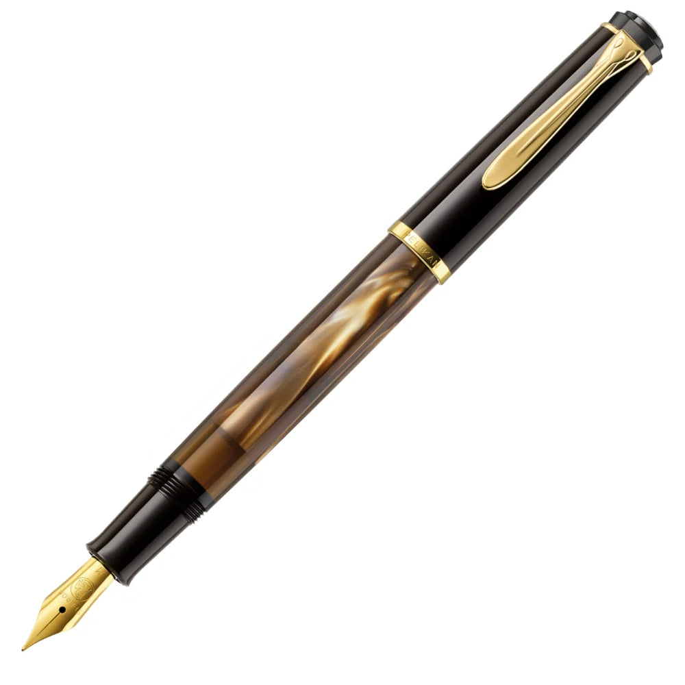 Brown marbled fountain pen with black accents and gold nib