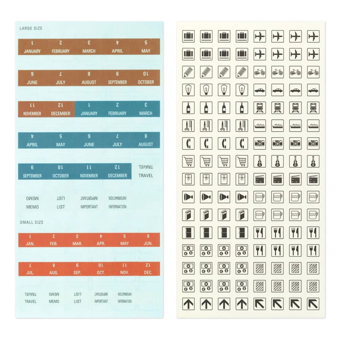Notebook calendar sticker sheet with large and small month date grids for year planning