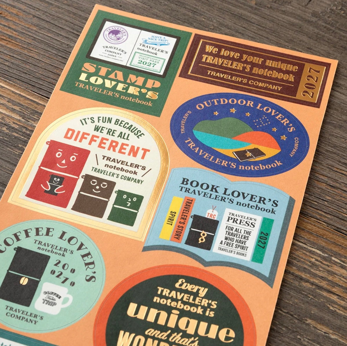 Colorful themed sticker collage with stamp, outdoor, book lover, coffee, and music badge designs