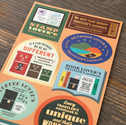Colorful themed sticker collage with stamp, outdoor, book lover, coffee, and music badge designs