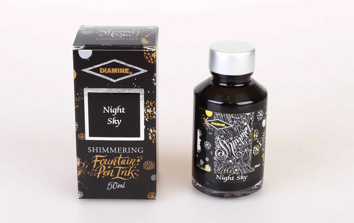 Shimmering fountain pen ink bottle and box, Night Sky dark ink