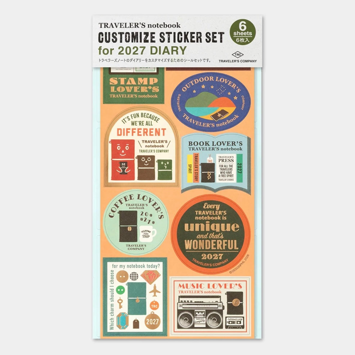 Packaged Traveler’s notebook customize sticker set for 2027 diary, with themed badge and text stickers