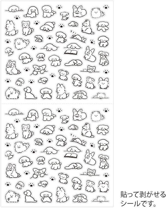 Dog sticker sheet with multiple white outline cartoon dog faces and bodies