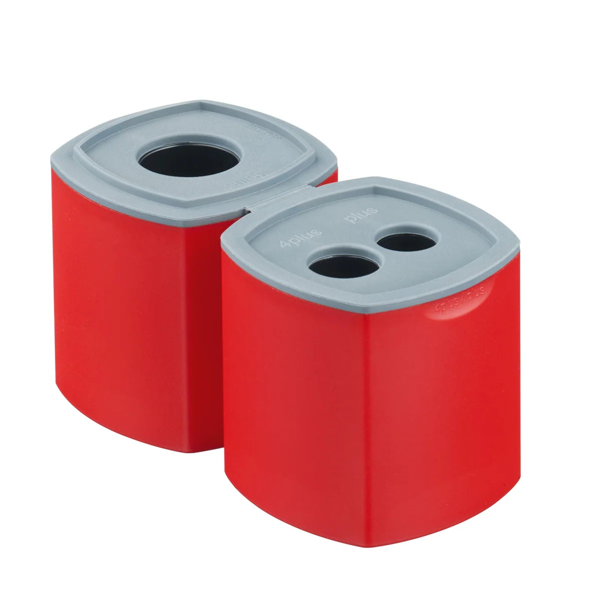 Two LAMY red pencil sharpeners with gray tops and sharpening holes