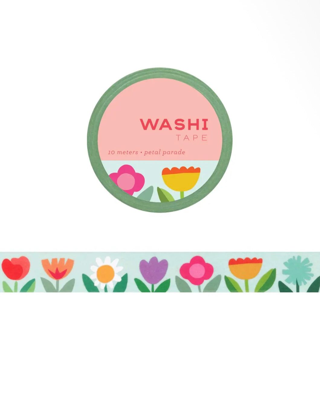Pastel floral washi tape roll with "WASHI TAPE" text