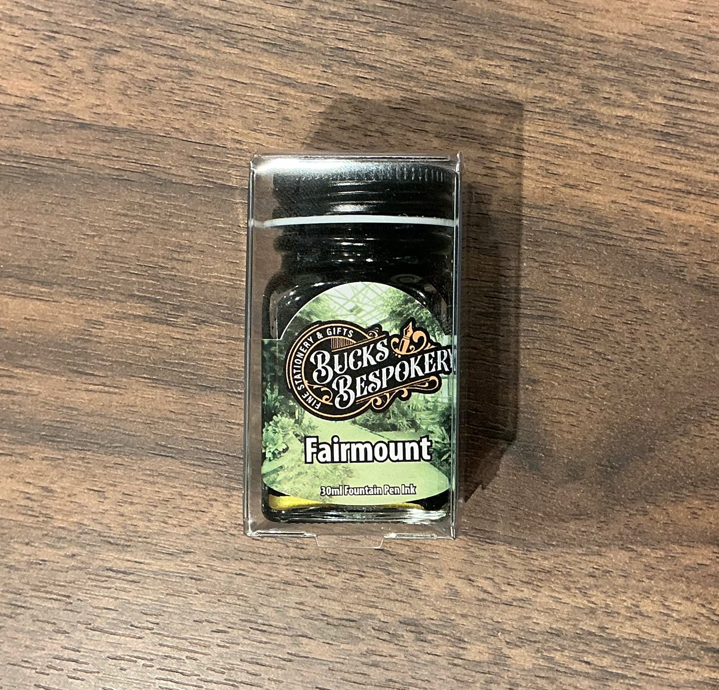 Fairmount ink bottle in a clear case with Bucks Bespokery label