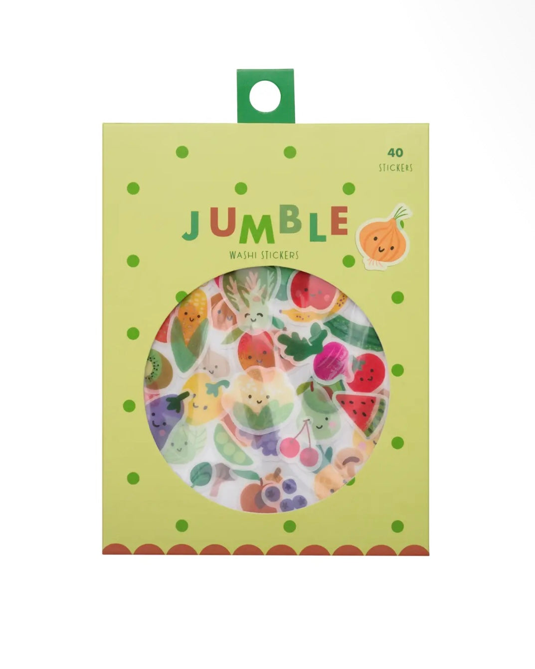 Jumble washi sticker pack with round window; colorful fruit and animal sticker designs