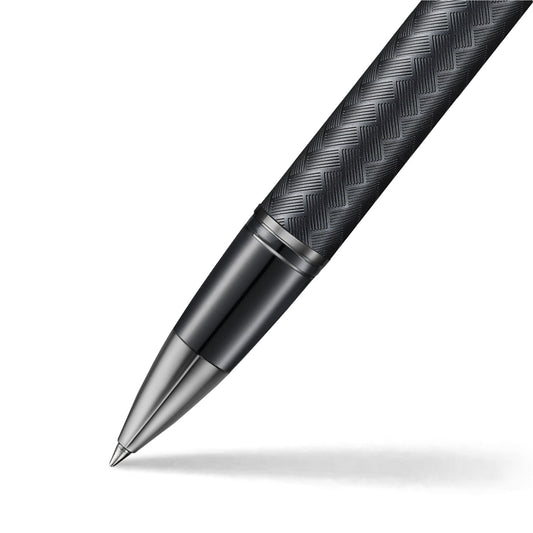 Matte black rollerball pen with chevron grip and pointed gunmetal-tipped nib