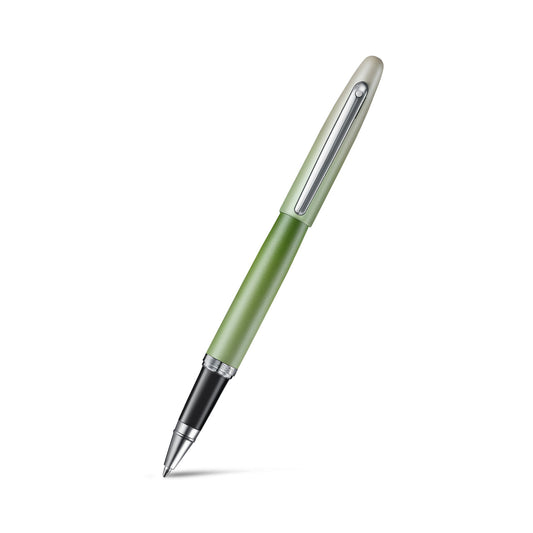 Green rollerball pen with metal nib and chrome window top
