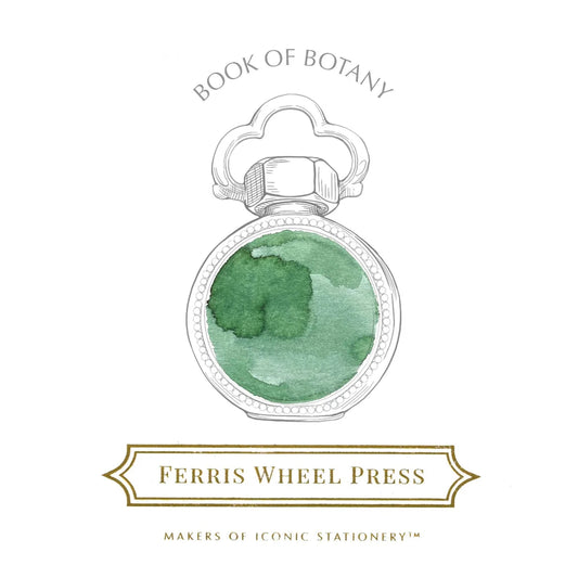 Botany ink bottle label art with green botanical emblem