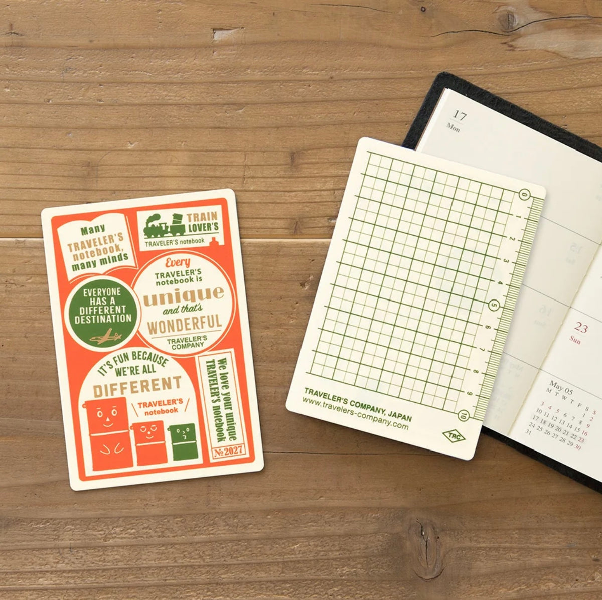 Plastic pencil board showing its green grid side beside its colorful illustrated side