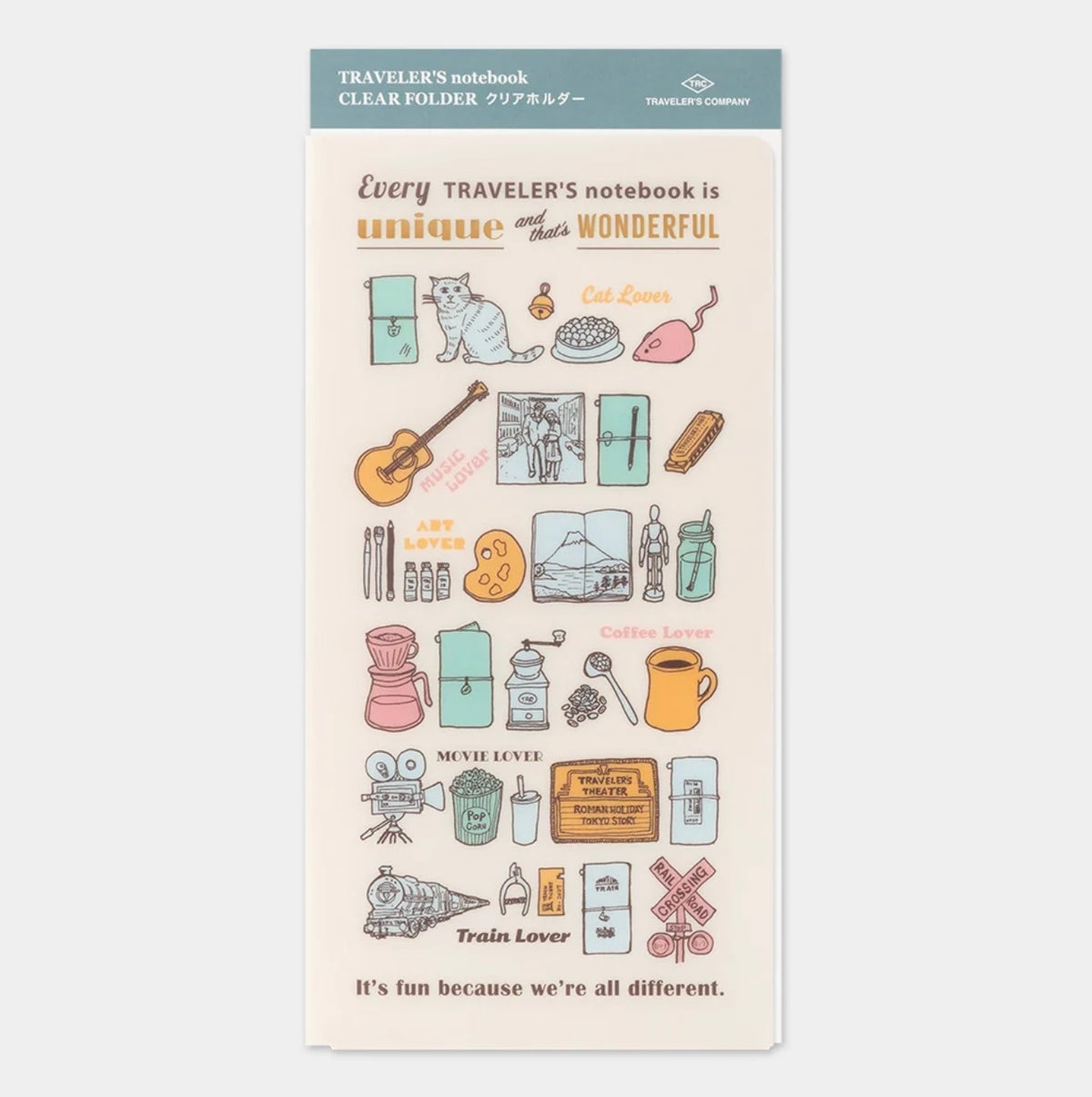 TRAVELER'S clear folder packaging with colorful illustrated notebook-themed designs