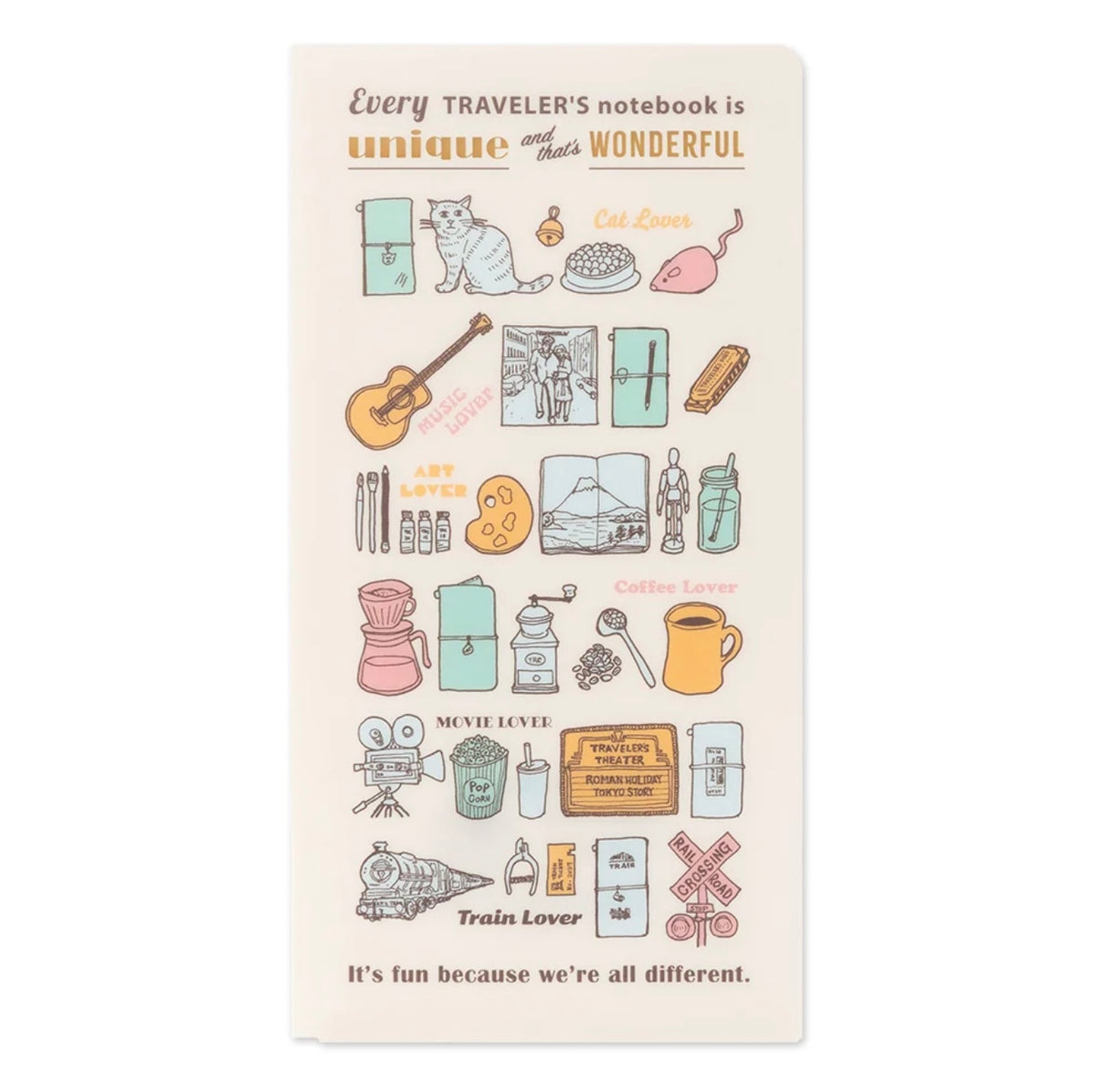Clear folder with colorful illustrations of travel, art, music, coffee, and cats