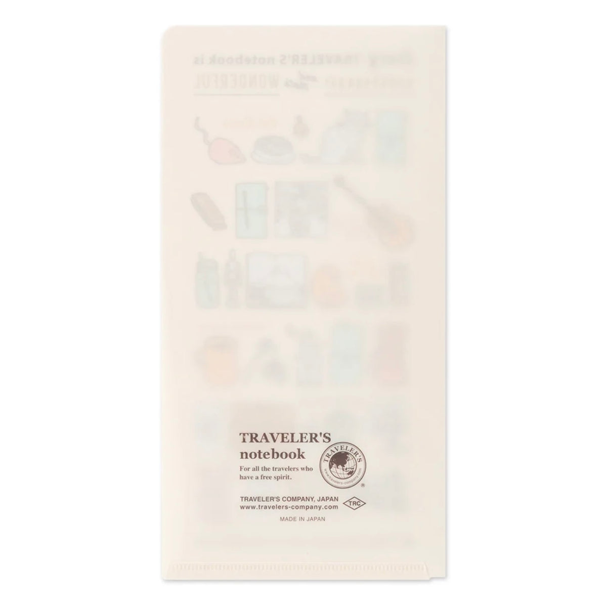 Translucent TRAVELER'S clear folder with a faint pattern and small logo near the bottom