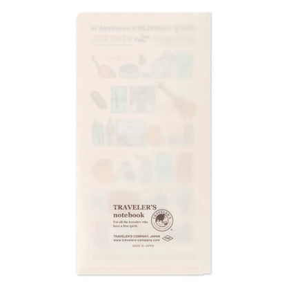 Translucent TRAVELER'S clear folder with a faint pattern and small logo near the bottom