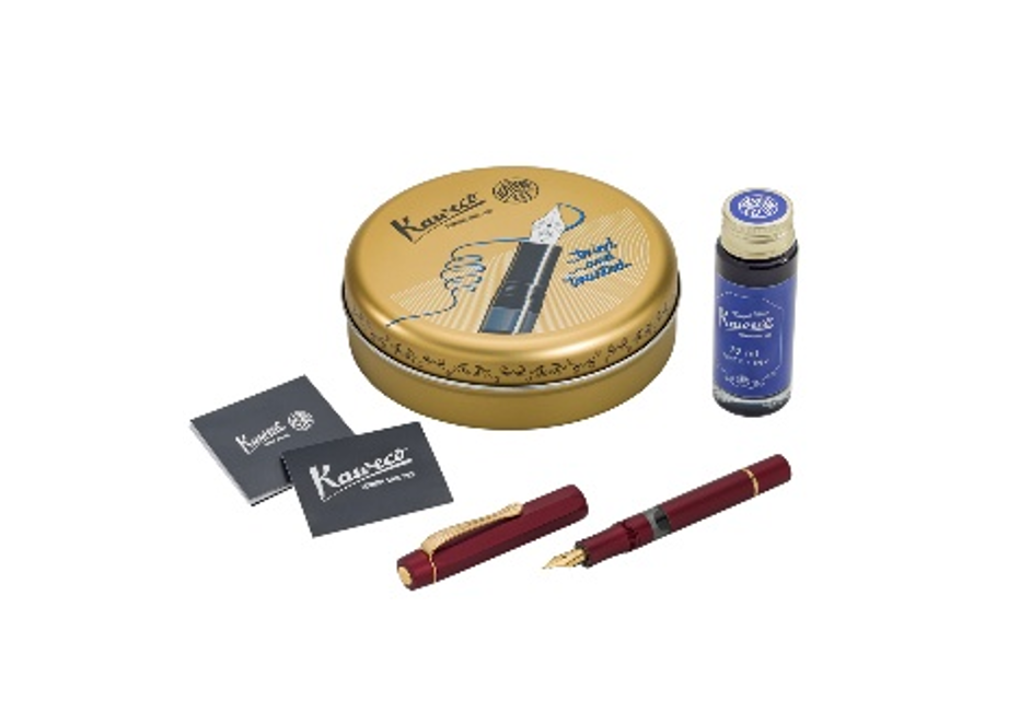 Bordeaux Kaweco piston set with burgundy pen parts, ink bottle, and metal tin