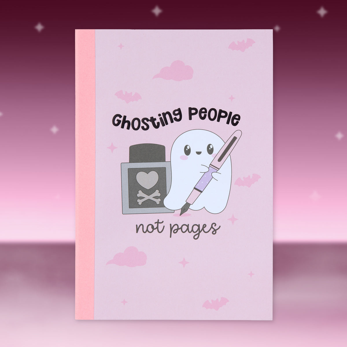 Pink paper with cute ghost holding a pen, heart icon, and small cloud accents