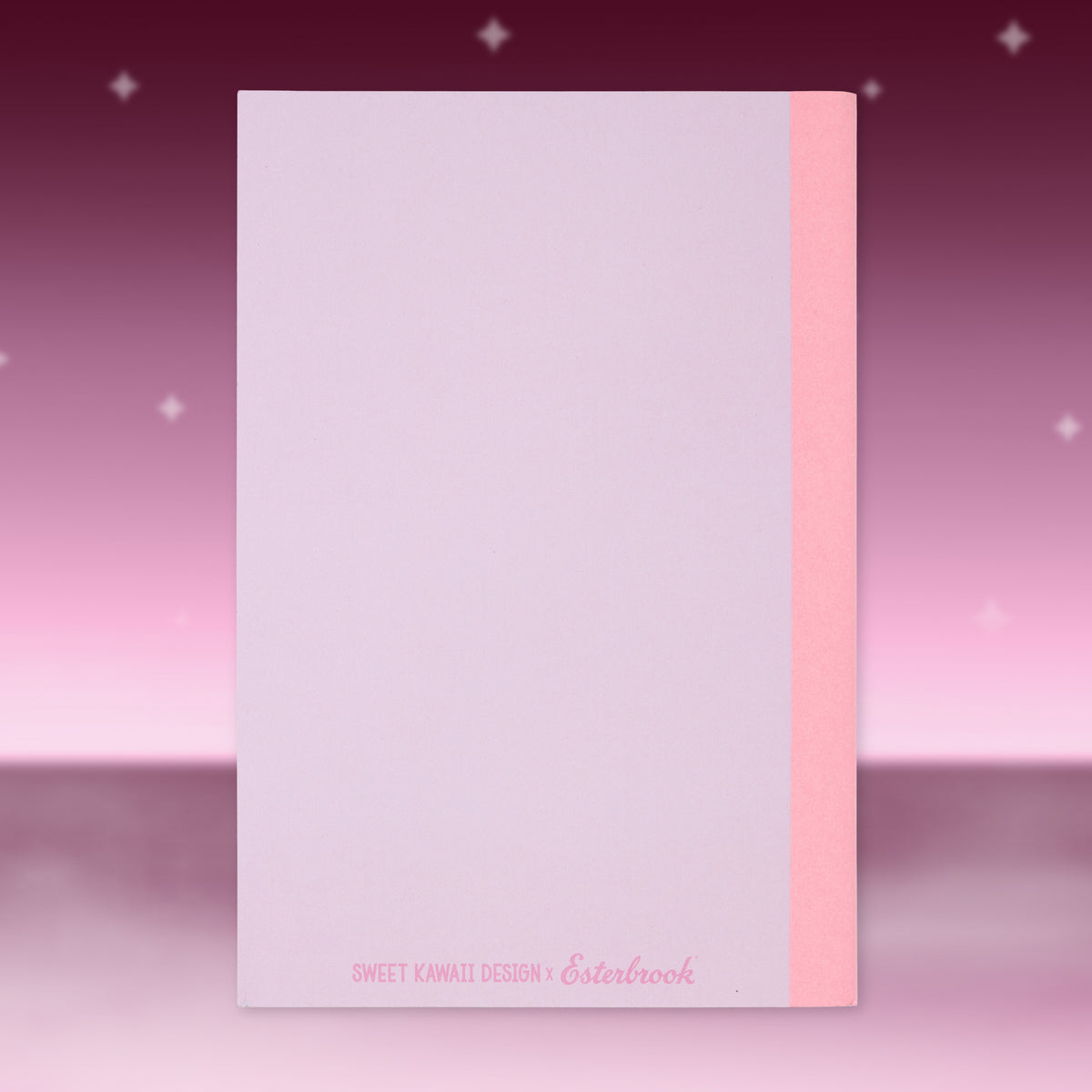 White paper sheet with pink side border and small signature-style logo