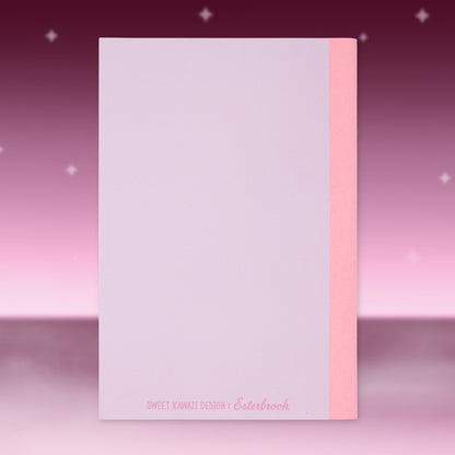 White paper sheet with pink side border and small signature-style logo