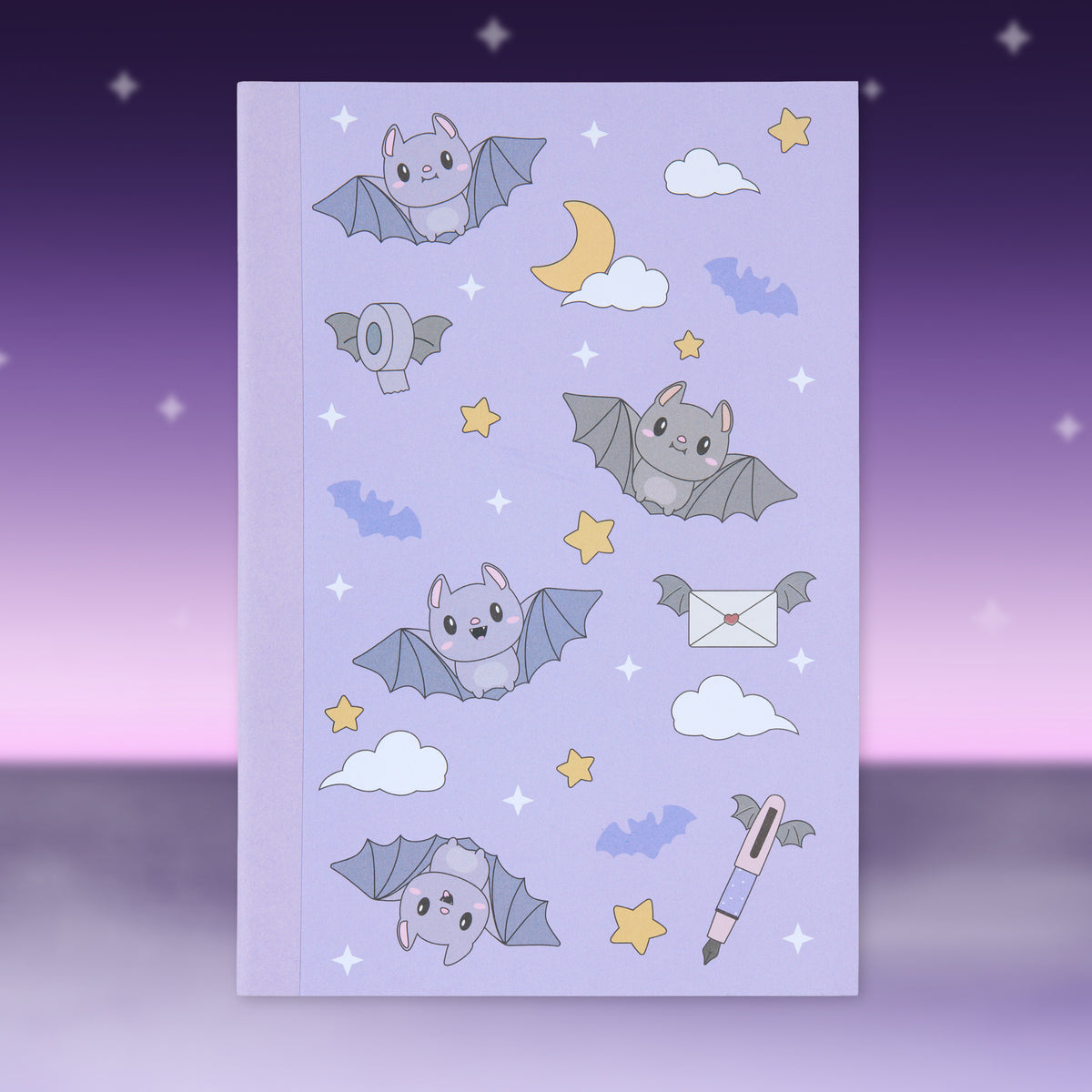 Blue Halloween patterned paper sheet with bats, ghosts, stars, and envelopes