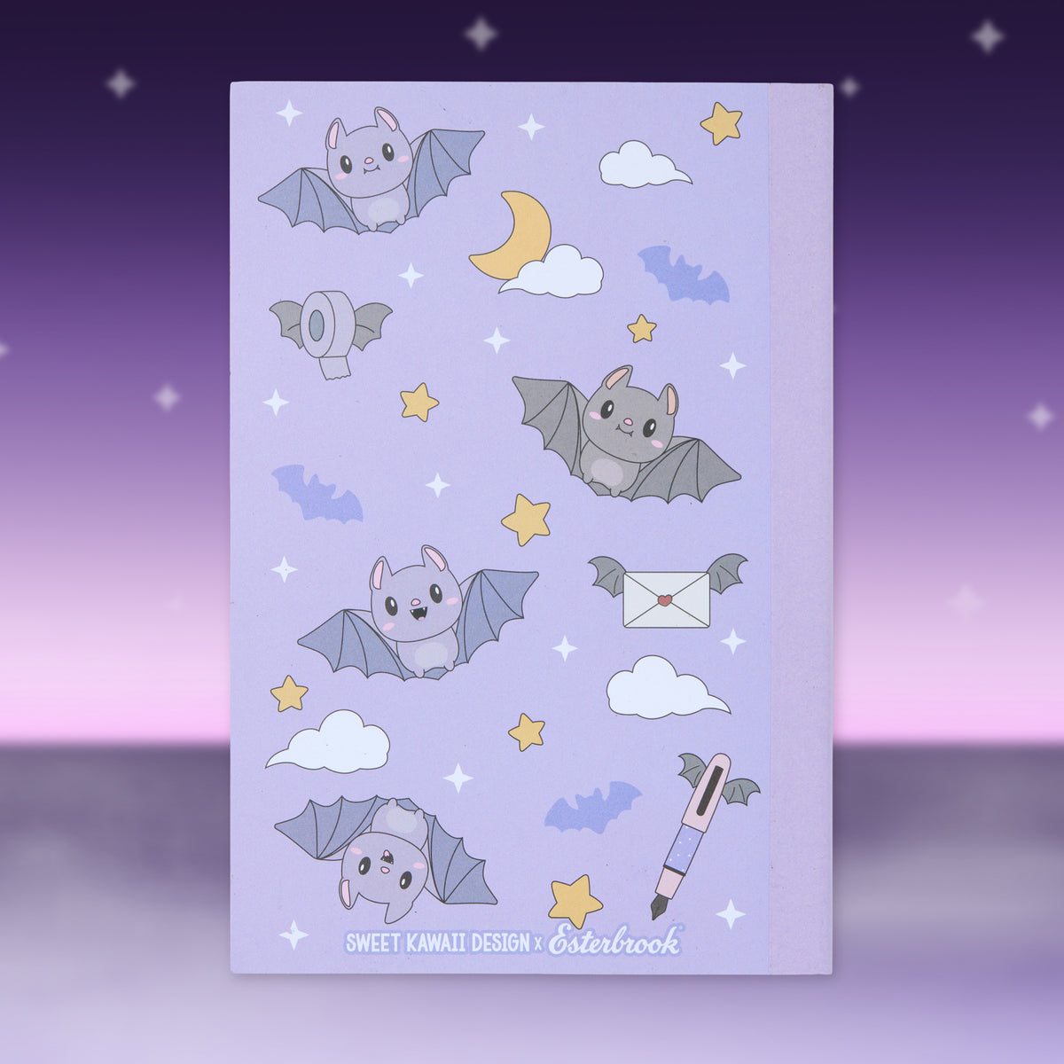 Blue Halloween patterned paper sheet with cute bats, ghosts, and sparkly stars
