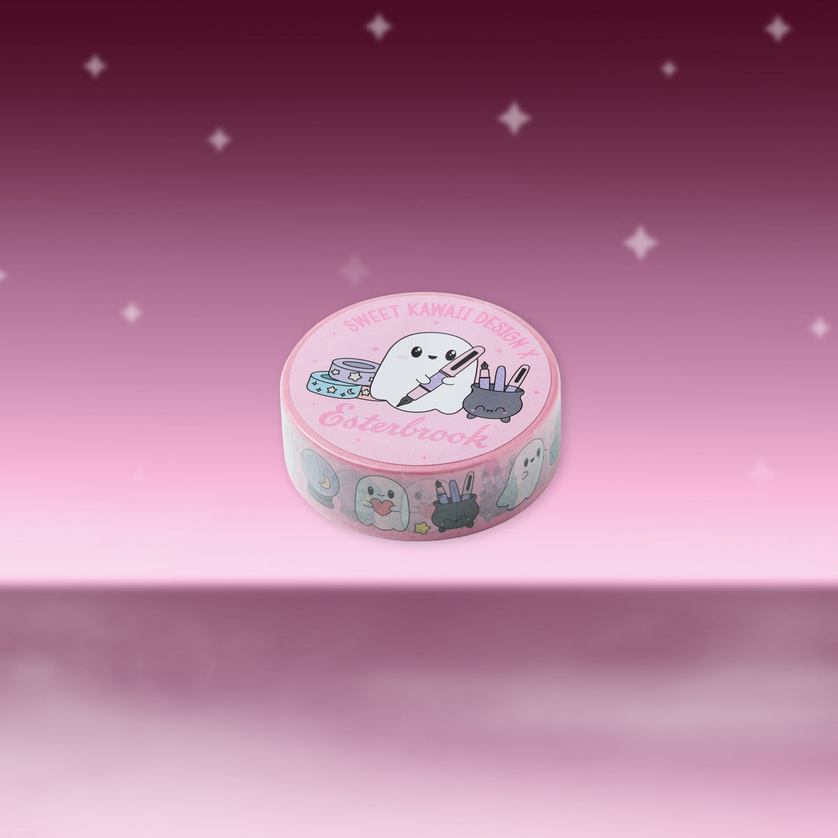 Pink washi tape roll with cute ghost, bats, and star designs
