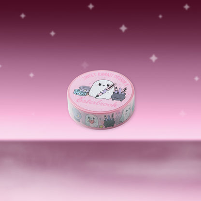 Pink washi tape roll with cute ghost, bats, and star designs