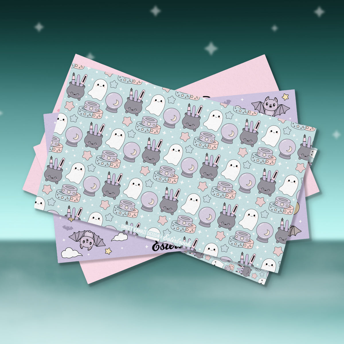 Pastel Halloween decorative patches with repeating ghost, bunny, and cake icons