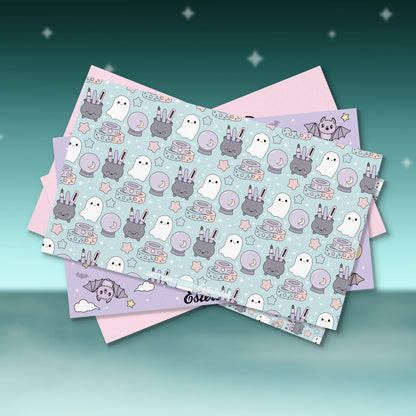 Pastel Halloween decorative patches with repeating ghost, bunny, and cake icons