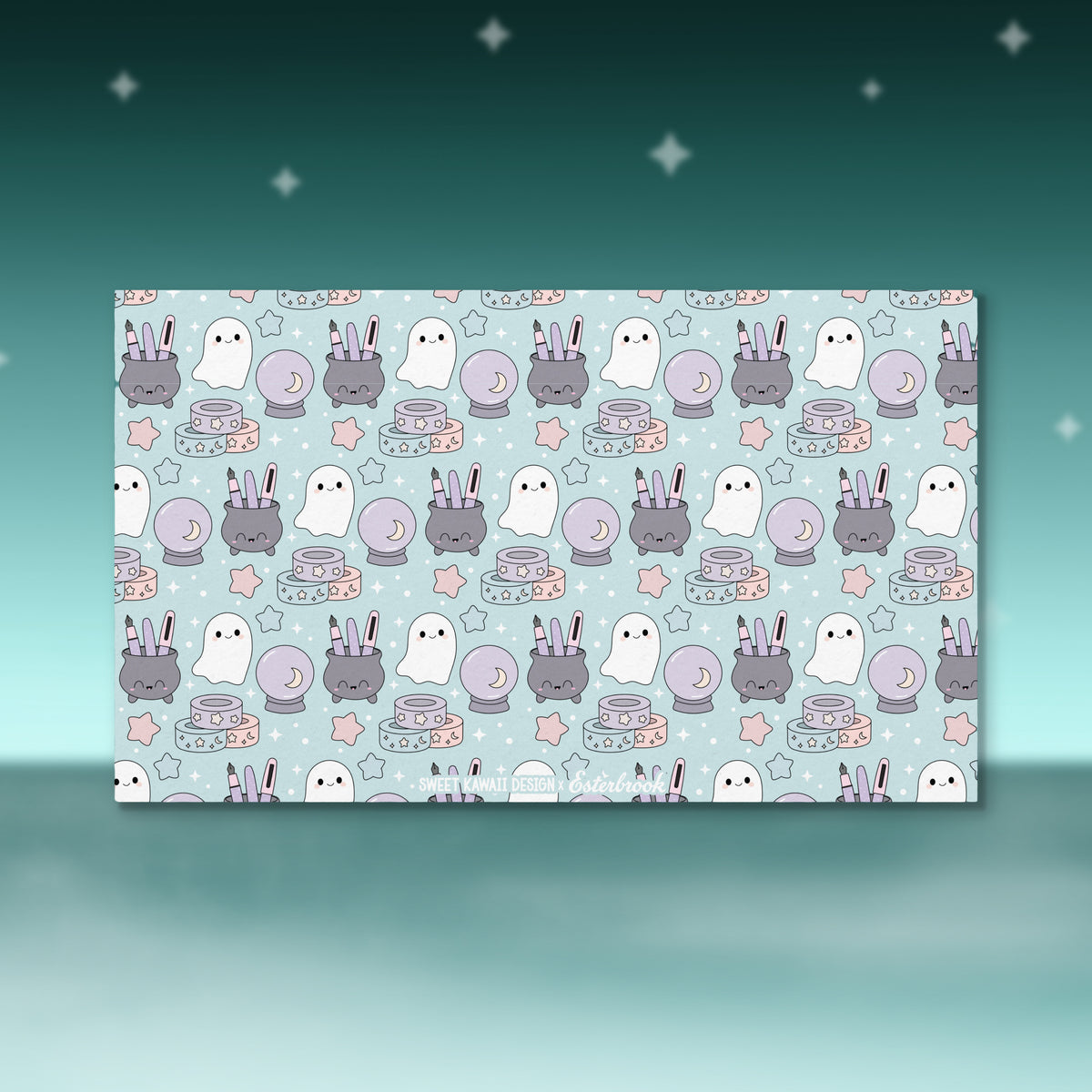 Pastel Halloween washi tape sheet with repeating bunnies, ghosts, stars, and cakes