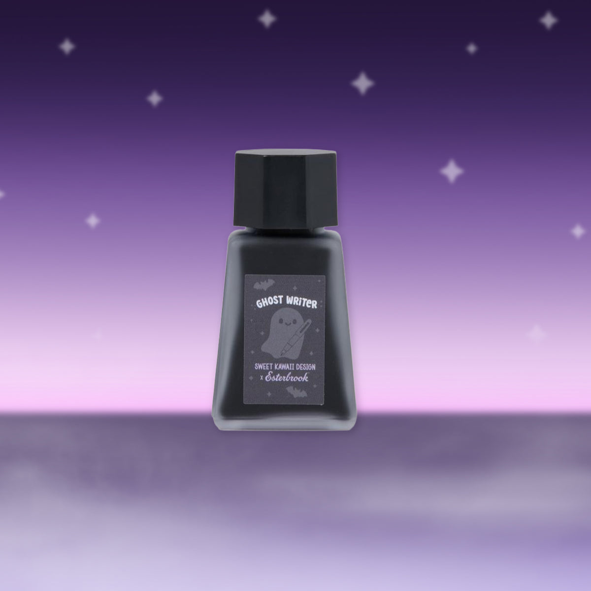 Purple ink bottle labeled “Ghost Writer” with small ghost icon