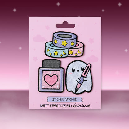 Sticker patches set with cute ghost and heart icon designs on a card