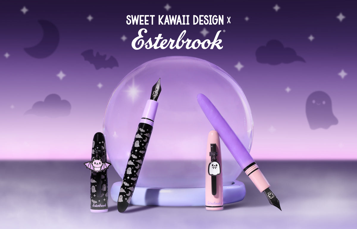 Decorative fountain pen set with pastel purple and black patterned pens