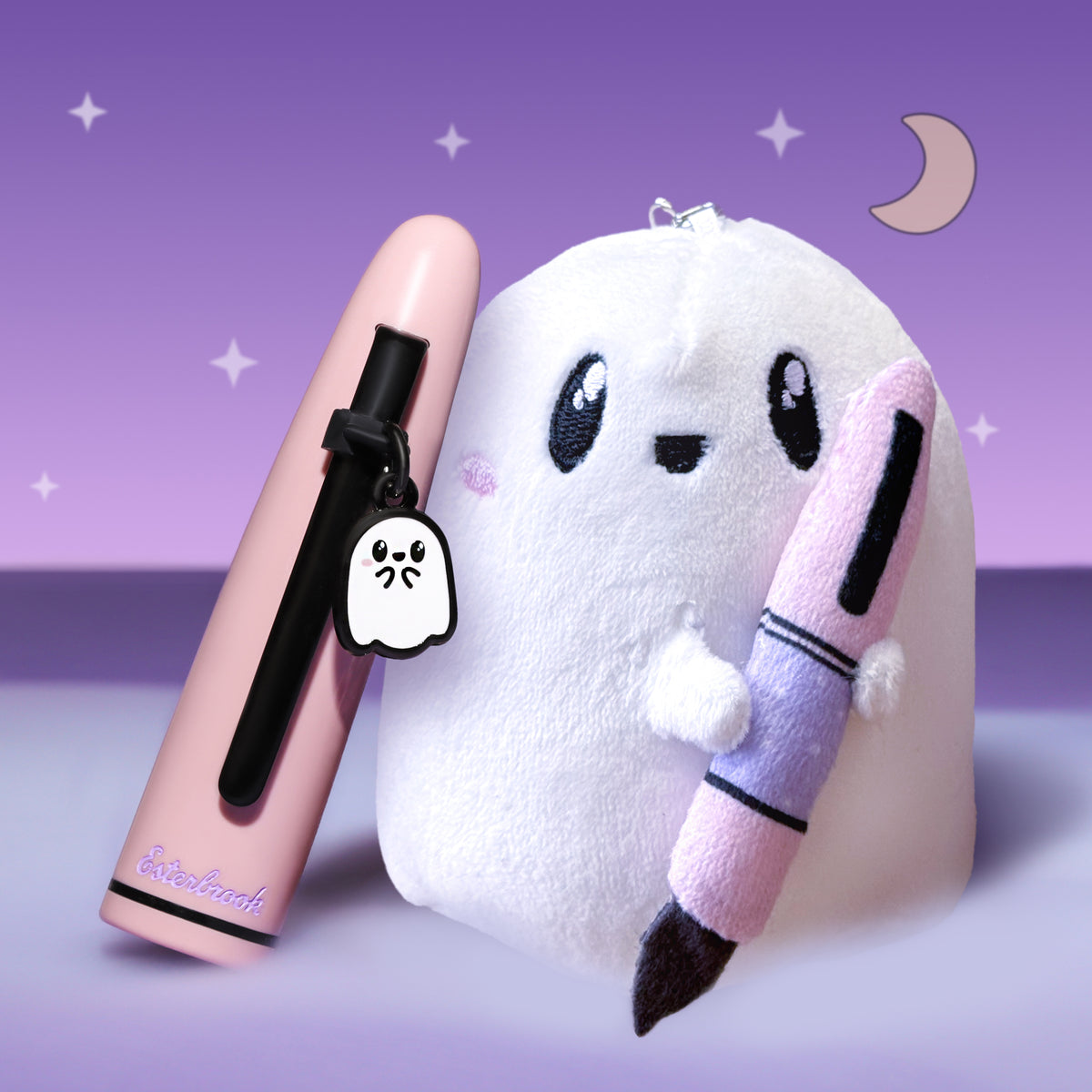 Pastel pink and black decorative fountain pen with plush white character accessory