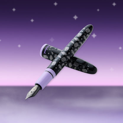 Black-and-gray ghost pattern fountain pen with silver nib, pen on display