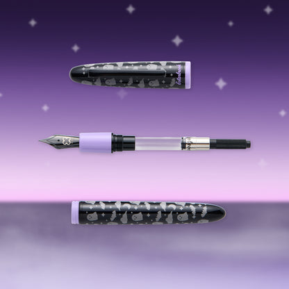 Clear-barrel fountain pen with skull pattern and lavender pen cap, set shown