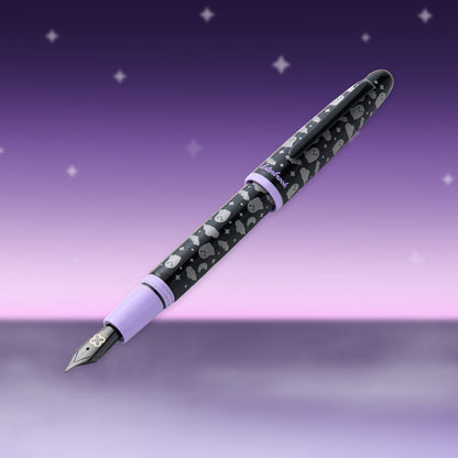 Lavender fountain pen with black ghost pattern barrel and silver nib