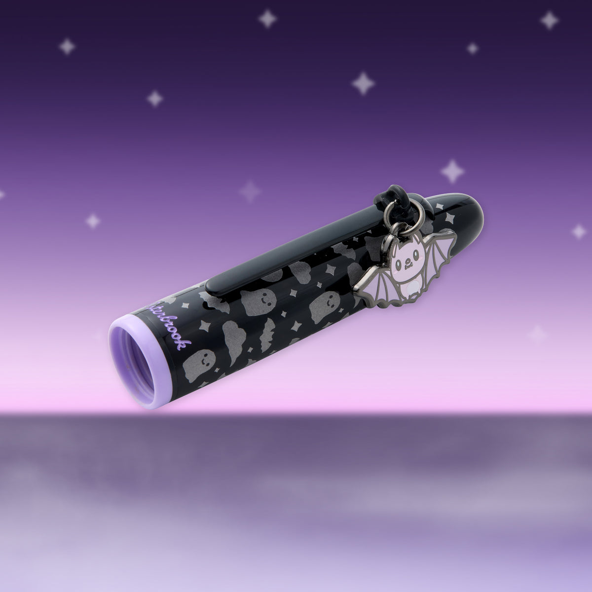 Black ghost-pattern fountain pen with lavender barrel end and keyring loop