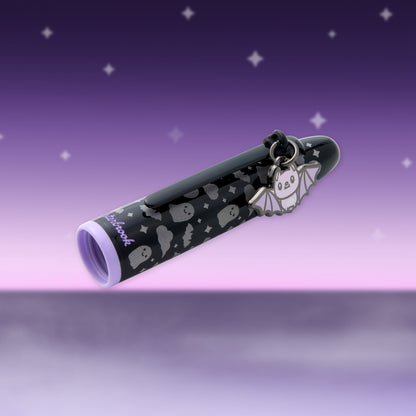 Black ghost-pattern fountain pen with lavender barrel end and keyring loop