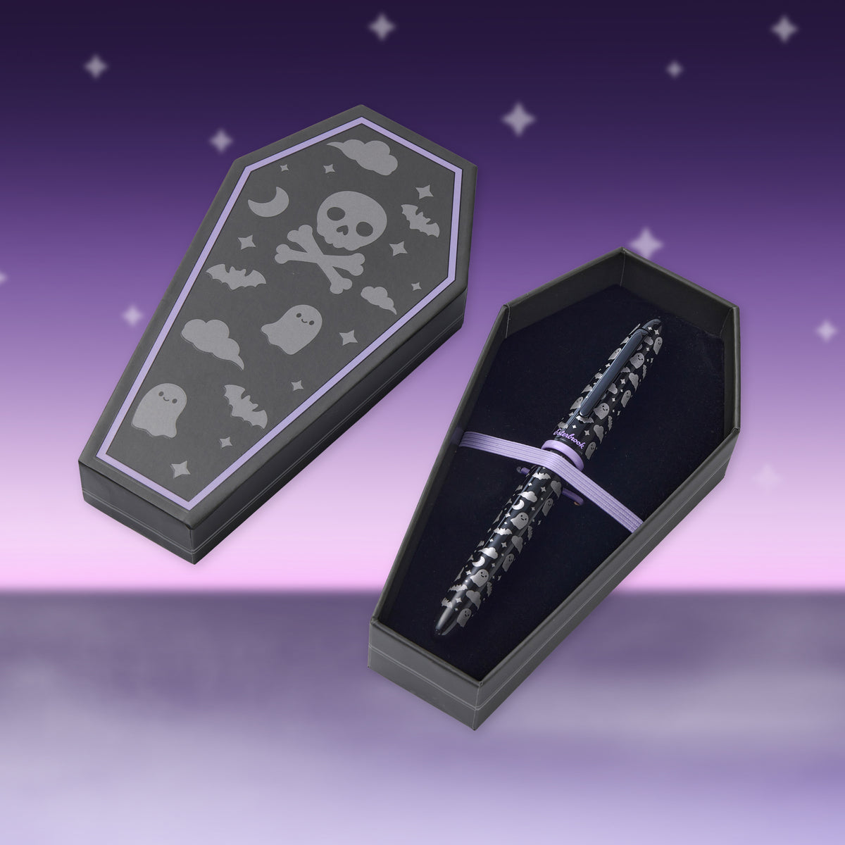 Black skull-pattern fountain pen in open box, lid shows skull and cloud icons