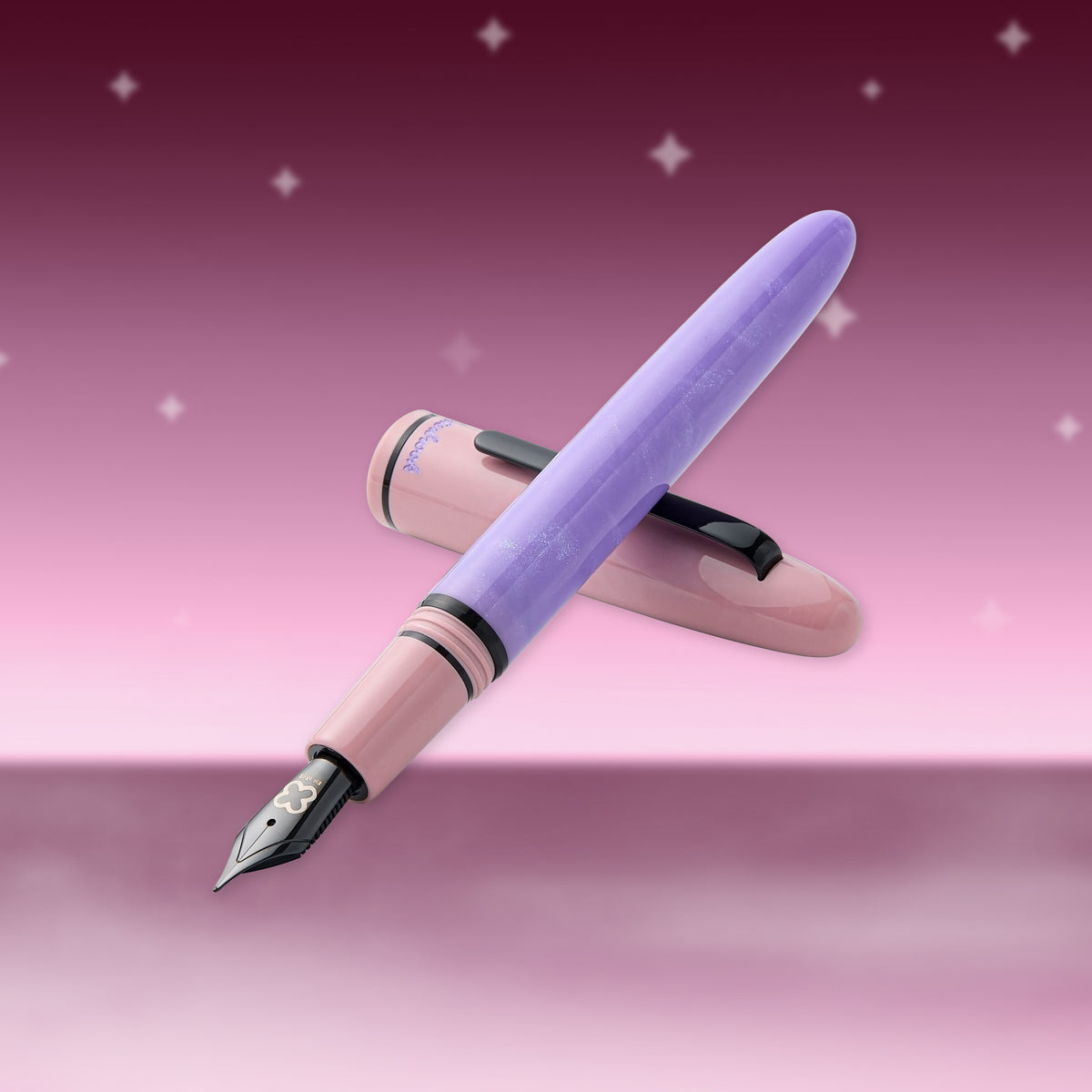 Lavender fountain pen with black nib and clip, angled side view