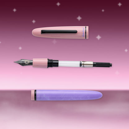 Pastel pink fountain pen with black nib and clip, single pen view