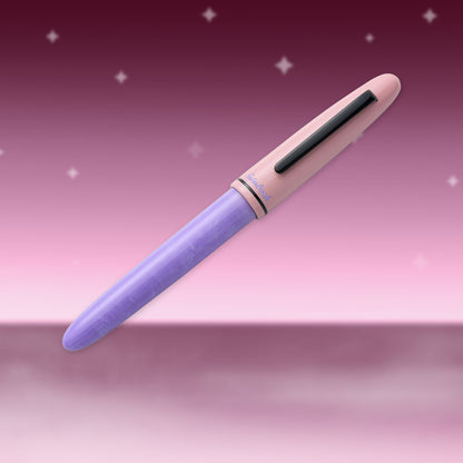 Lavender fountain pen with black nib and clip, angled view