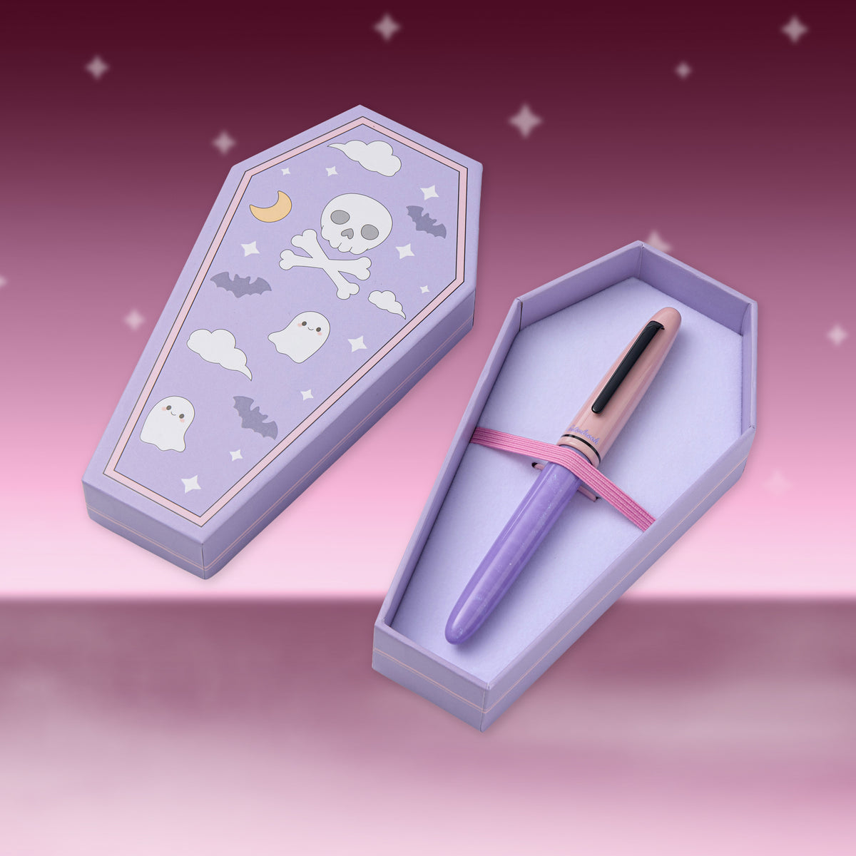 Lavender fountain pen with skull and cloud box set, pen inside open gift box
