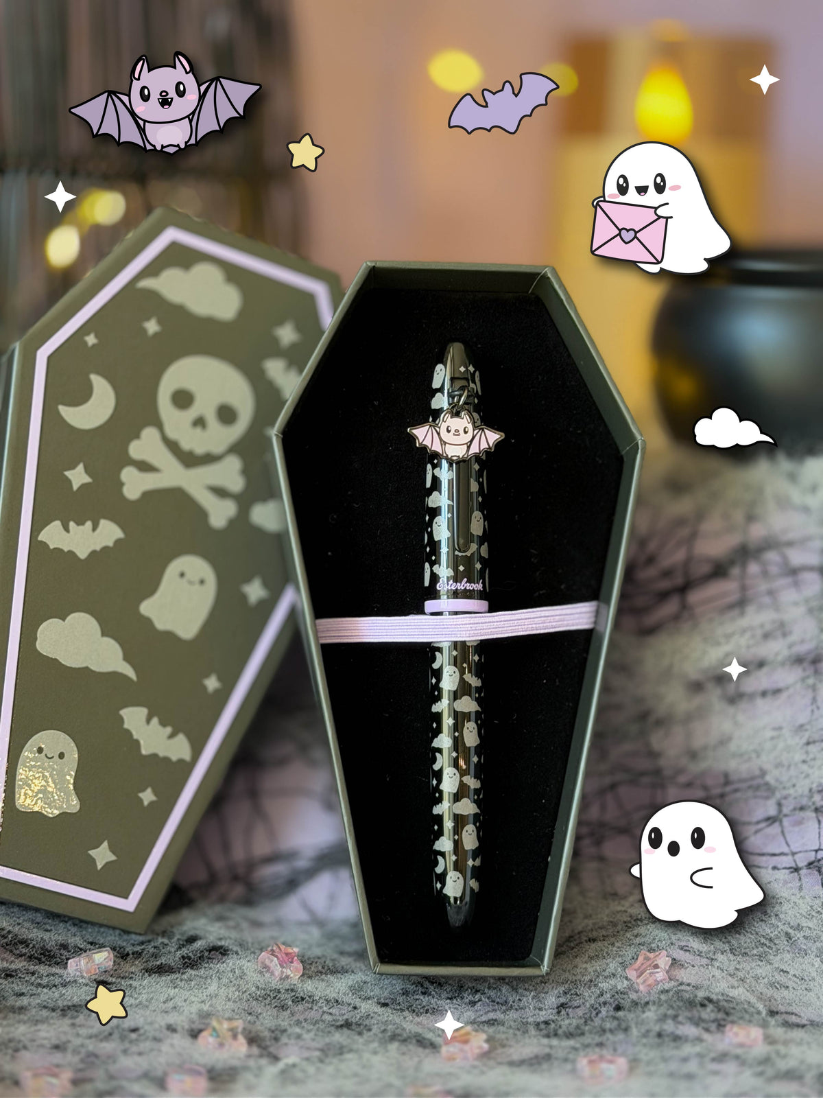 Black skull-pattern fountain pen in a dark gift box with ribbon band
